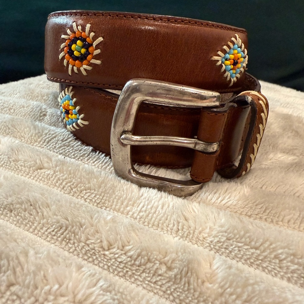 Vintage Genuine Leather Belt with Beaded Stitched Accents